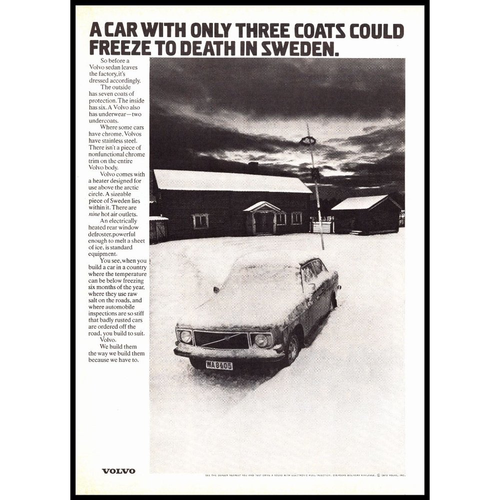 1972 Volvo Sedan Vintage Print Ad Snow Covered Cabin Winter Sweden Wall Art